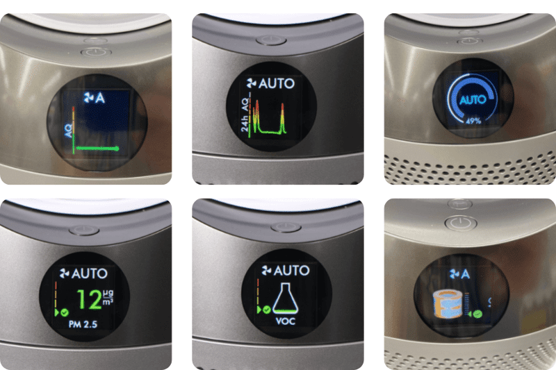 Unterschiedliche Informationen zur Raumluftqualität und Luftfeuchtigkeit werden auf dem Display vom Dyson Pure Hot and Cool PH01 Luftreiniger angezeigt